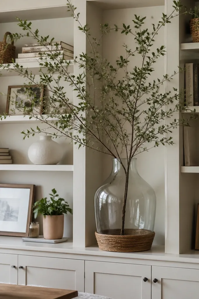Tall vase with branches and a woven mat under it