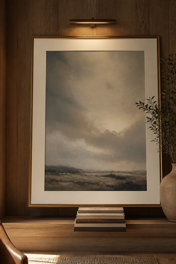 Large framed art leaned against built-in shelves with books underneath