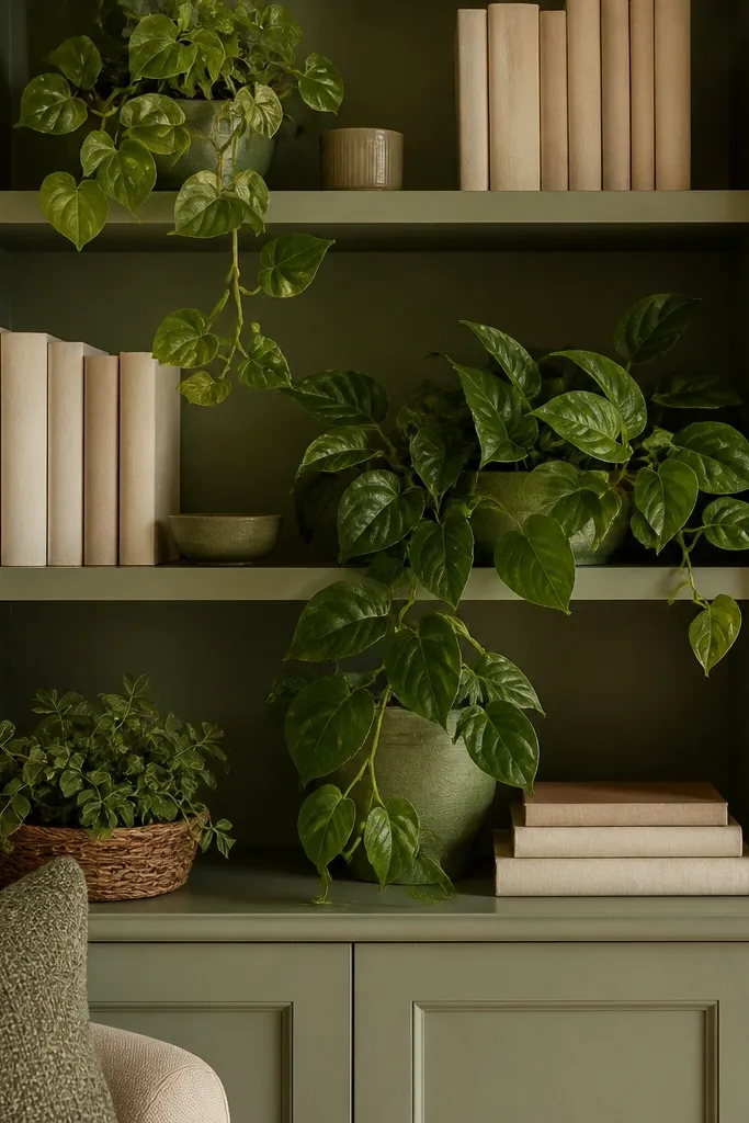 Green plant on shelf with light linen-colored books around it