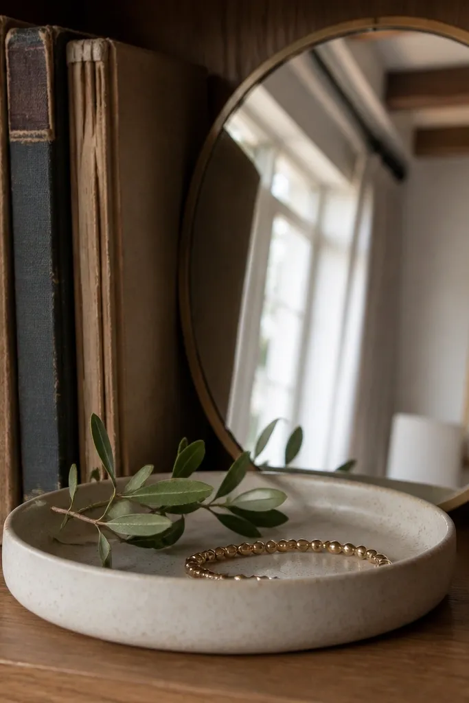 Tray layered with books and a small mirror on a shelf
