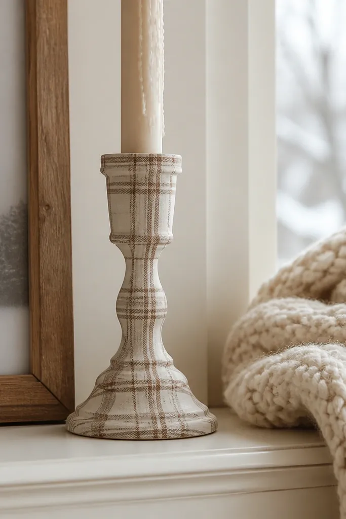 Cream candle with brown plaid lines and soft misty edges