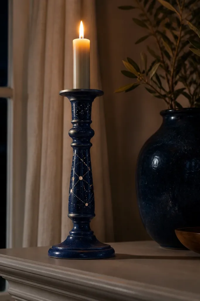 Dark blue candle with tiny white and silver dot clusters