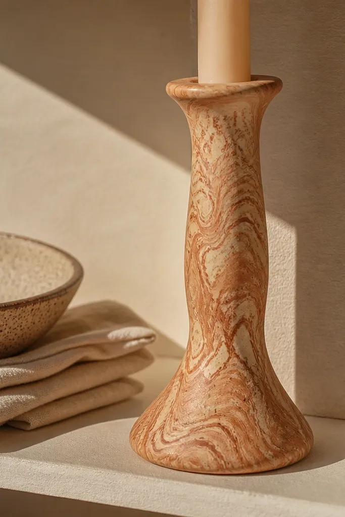 Terracotta and cream marbled swirl candle with a soft matte look