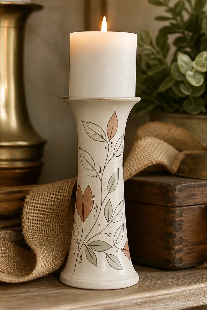 Cream candle with thin green stems and small muted pink flowers