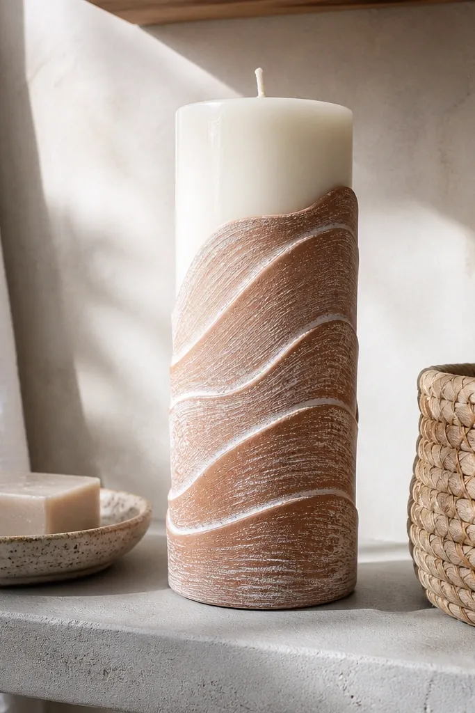 Terracotta candle with wavy bands and soft white dry-brushed highlights