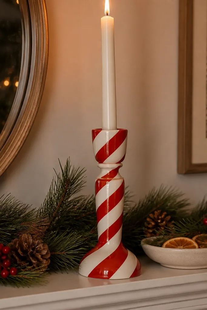 Red and white diagonal stripes on a candle with a glossy clear finish