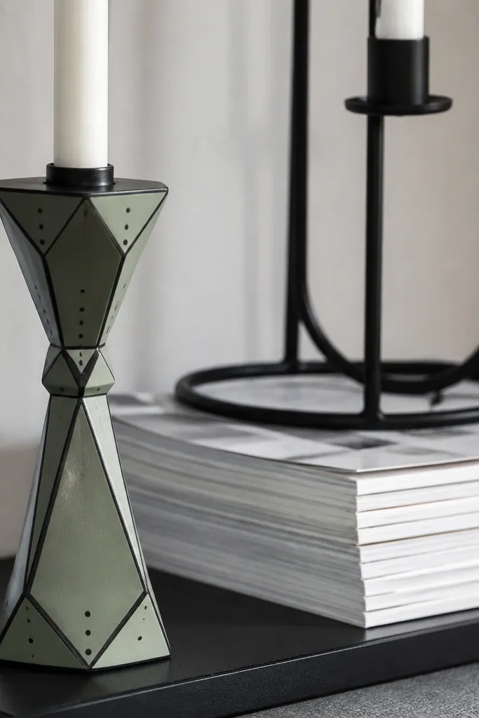 Sage green candle with black outlined triangles and tiny dot accents