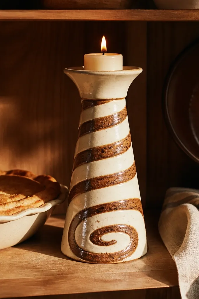 Cream candle with brown spiral swirls and soft cinnamon speckles