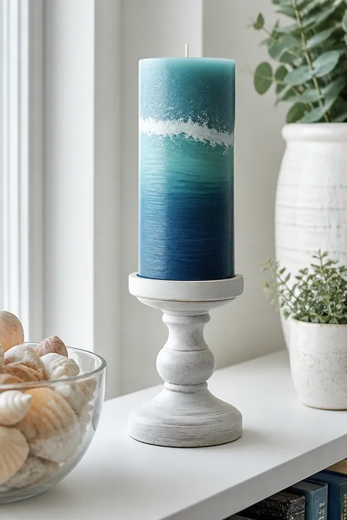 Blue-to-teal ombré candle with a thin white foam line near the top
