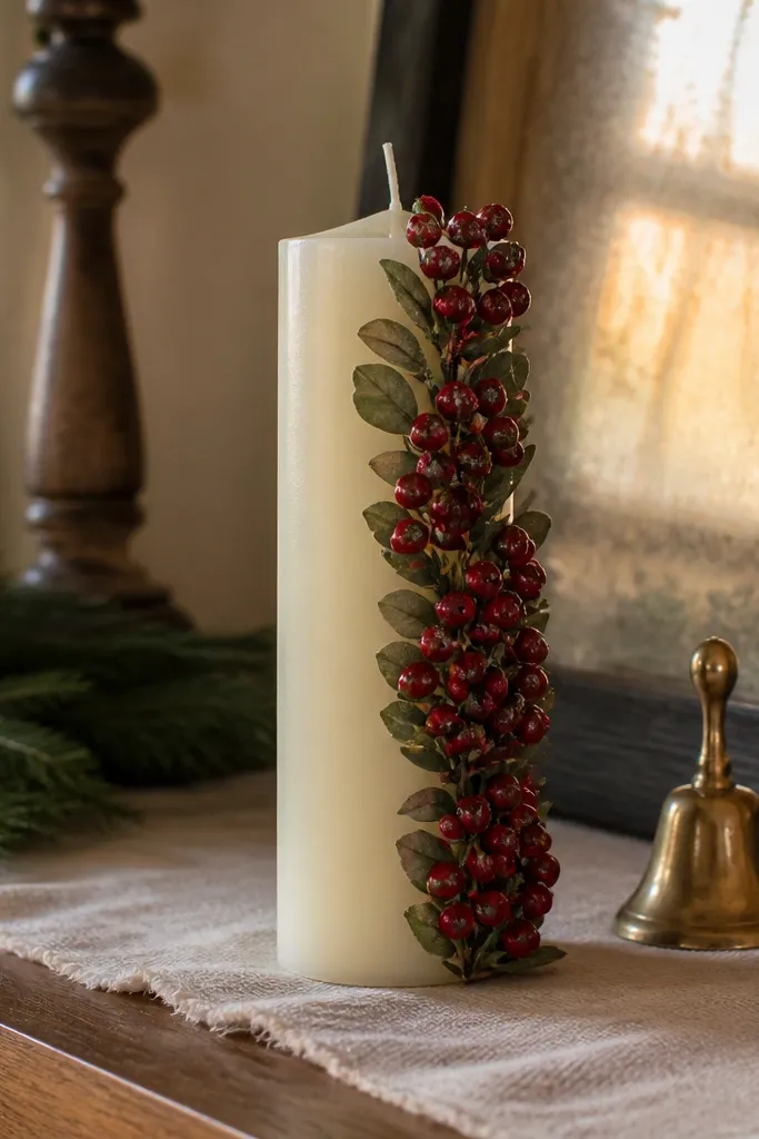 Half-panel candle with red berries, green leaves, and a cream background