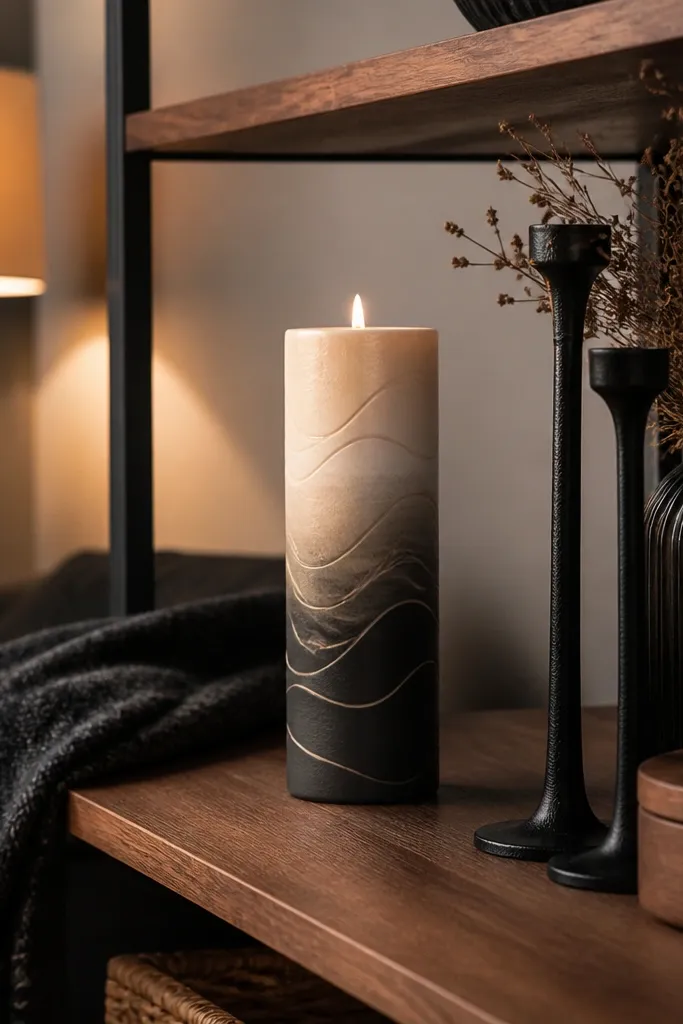 Cream-to-charcoal ombre candle with wavy masked stripe lines