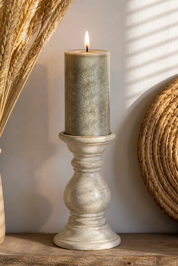 Light beige candle with faint linen-like texture and sparse dark dots