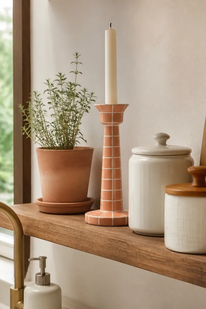 Terracotta candle with a tile grid and thin white grout lines