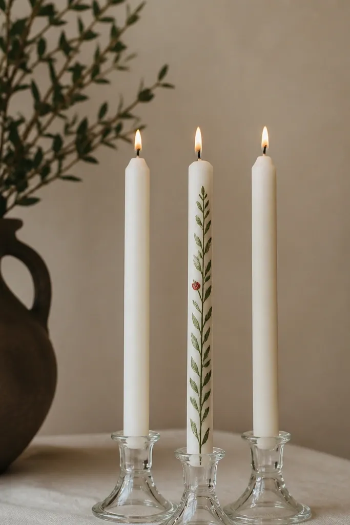 Cream candle with a single vertical green branch stripe and small leaf shapes