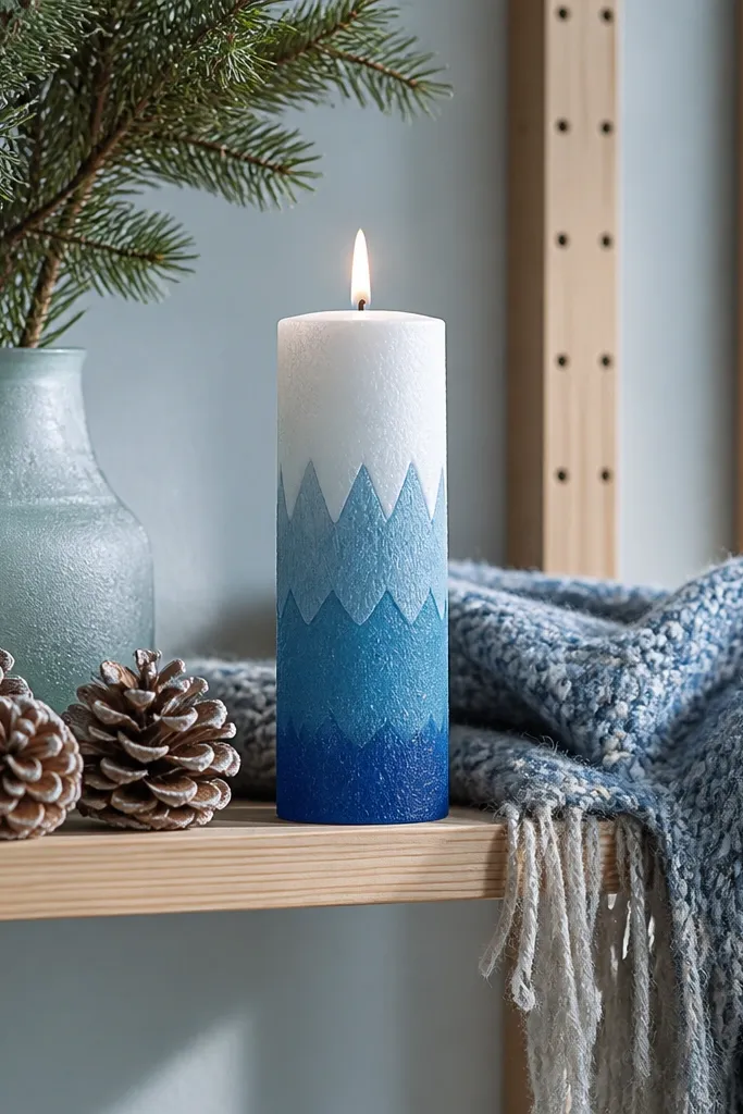 Blue candle with white snowcap peaks near the top