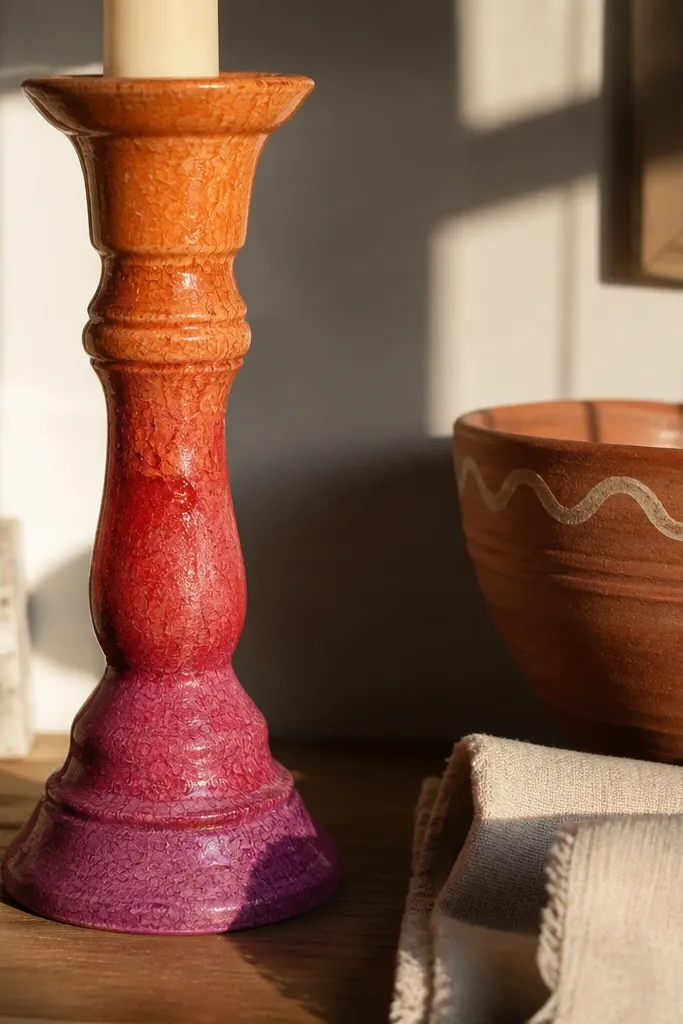 Candle sticks painted in sunset orange-pink gradient with cracked glossy clear coat.
