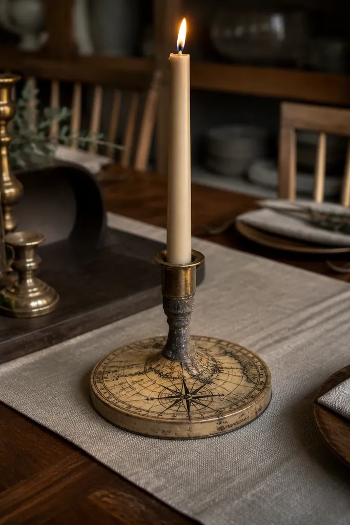 Candle sticks with faded map lines, latitude-longitude text, and a compass rose in the middle.