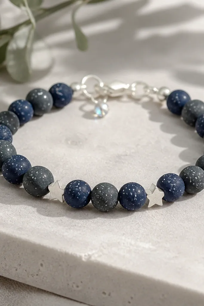 A bracelet of dark navy and charcoal clay beads with tiny lighter dot speckles, plus two small silver star charms between beads; the finish looks clean and slightly sparkly at the clasp.