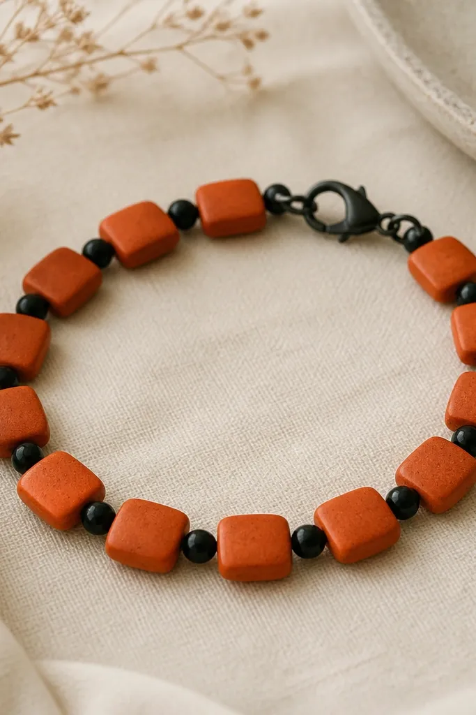 A bracelet featuring burnt orange clay square beads with rounded edges, spaced with small black round beads; the pattern repeats in a neat rhythm and ends with a dark clasp.