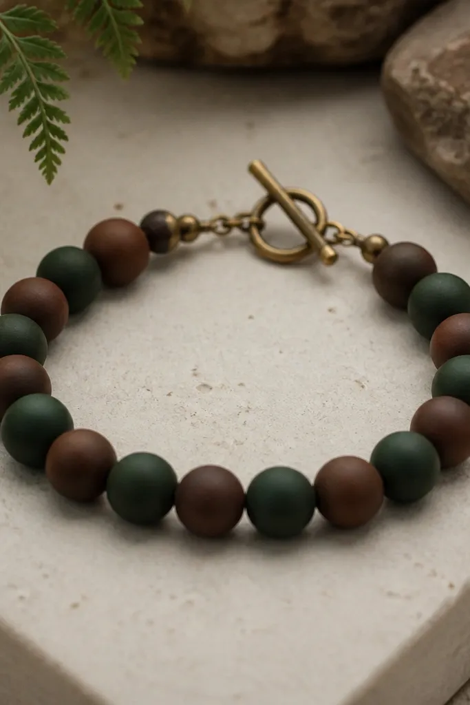 A forest green and dark brown clay bead bracelet with rounded beads and a small brass metal toggle at the closure; beads are evenly spaced and matte.