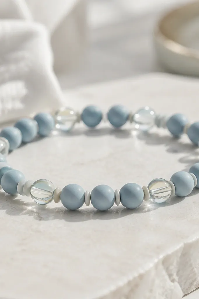Ice blue matte clay beads alternating with a few clear glass-like beads and tiny light gray spacers; the bracelet looks light and cool.