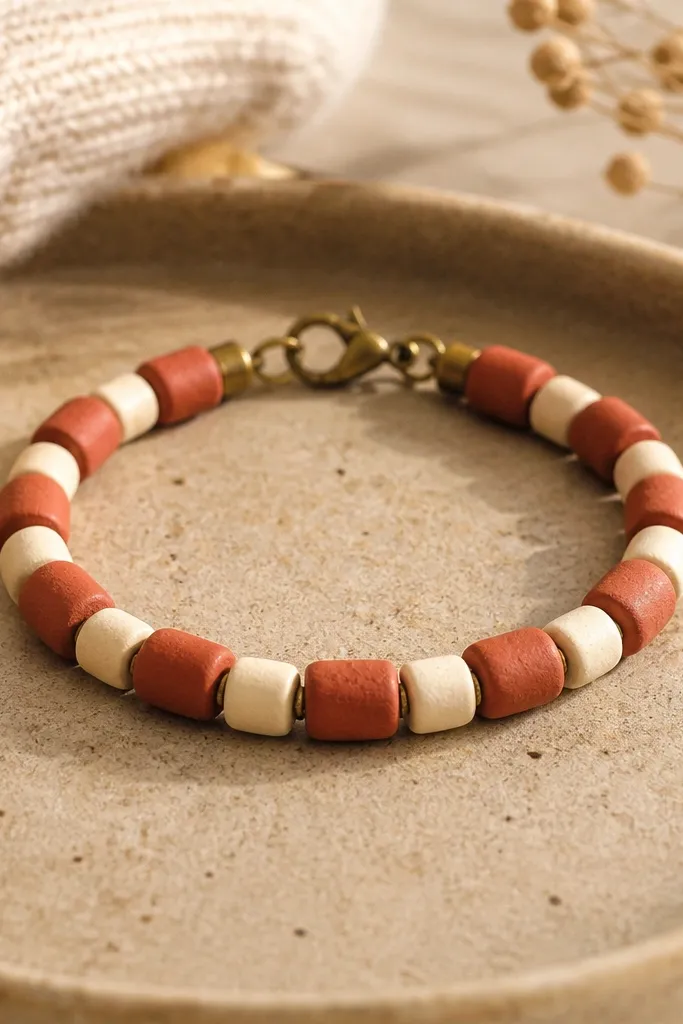 A bracelet with red brick colored clay beads alternating with cream barrel-shaped spacers; the bracelet has a warm, cozy look and a small metal closure.