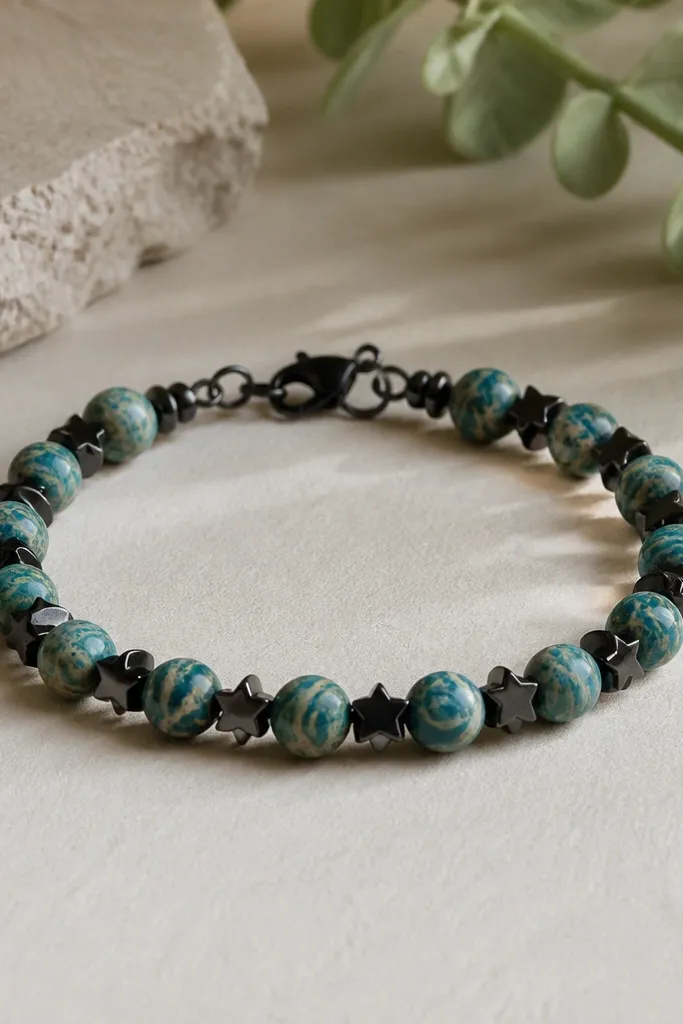 Mossy teal swirl clay beads with little black star beads scattered throughout; the bracelet has a clear repeating pattern and a black clasp.