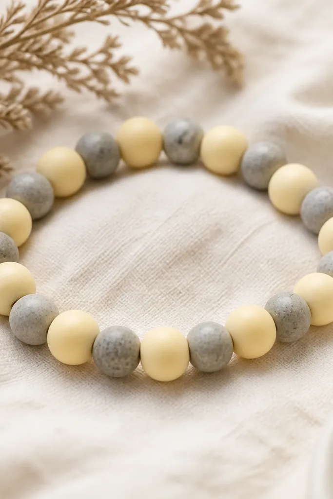 A bracelet with powder yellow matte clay beads alternating with gray round beads that look like small stones; the colors feel soft and sunny.