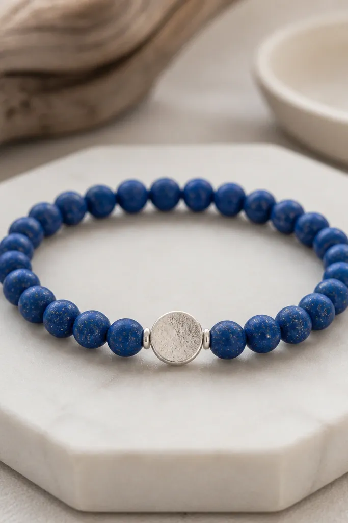 Royal blue matte clay beads with subtle silver speckles, centered around a flat silver-toned disc bead; the bracelet looks symmetrical and neat.