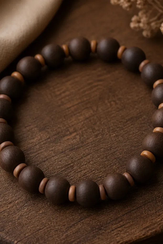 A warm chocolate brown bracelet with caramel barrel spacers between beads; the palette is earthy and cozy with a matte finish throughout.