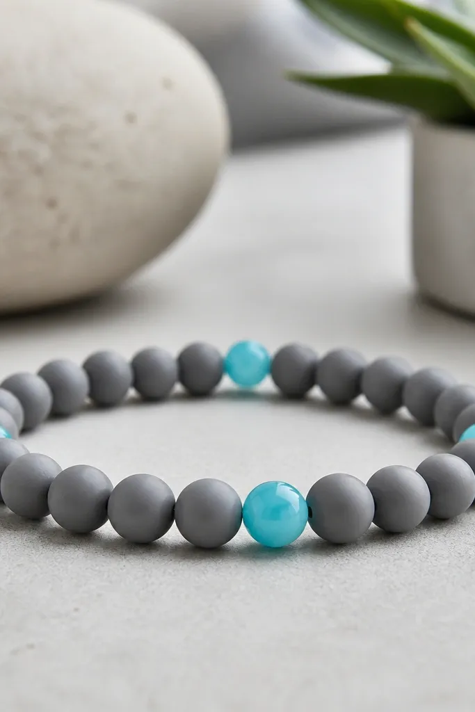 A bracelet of heather gray matte clay beads with a few bright aqua round beads spaced evenly; the bracelet looks sporty and clean.