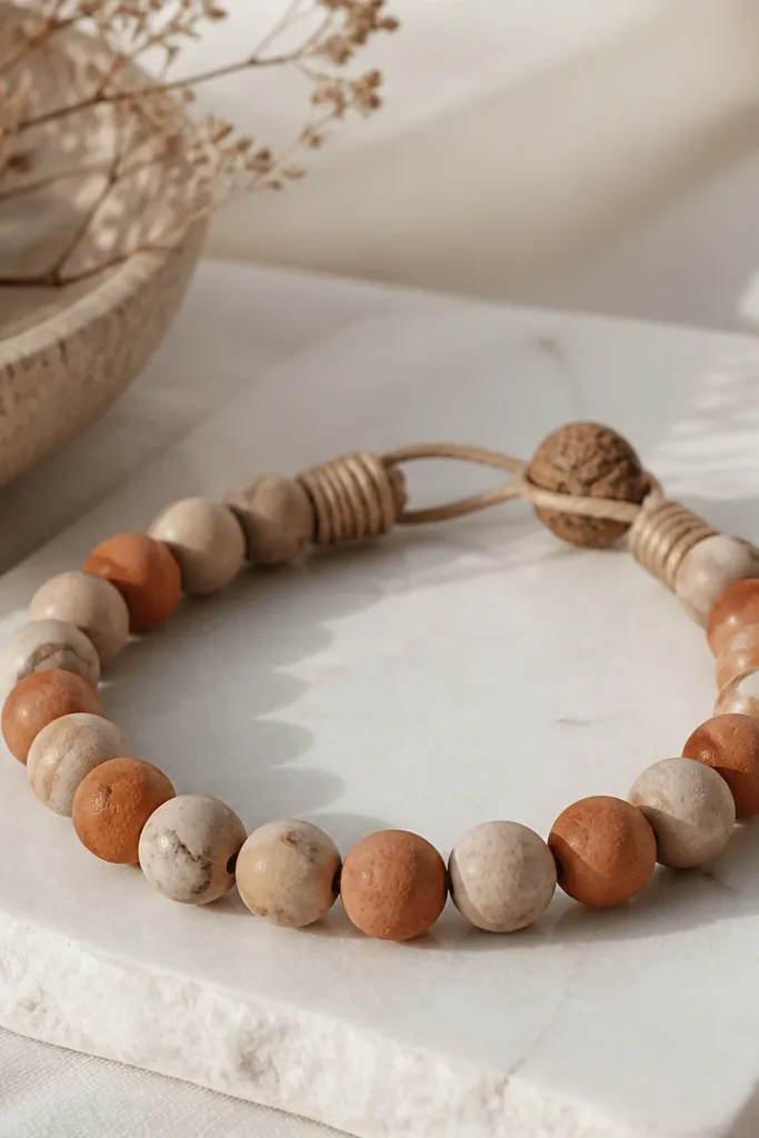 A terracotta and beige marble clay bead bracelet with visible twine wrap at both ends; beads are matte and the closure looks handmade.