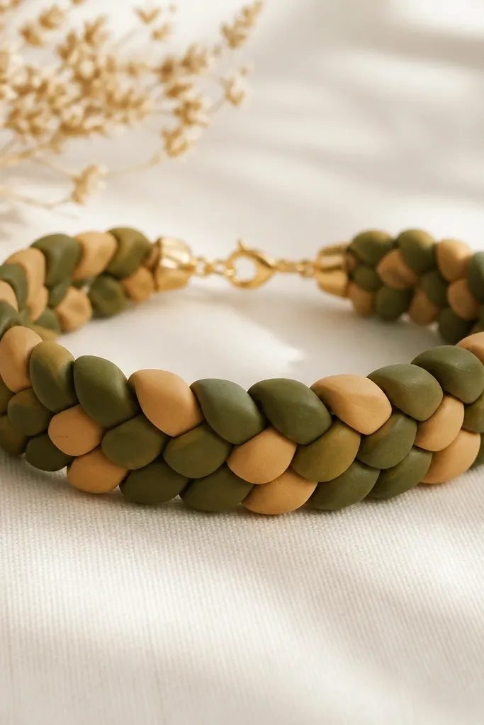 A bracelet that looks like a braided row, with alternating olive and tan clay beads in two-tone segments; the center row is thicker and the clasp is small.