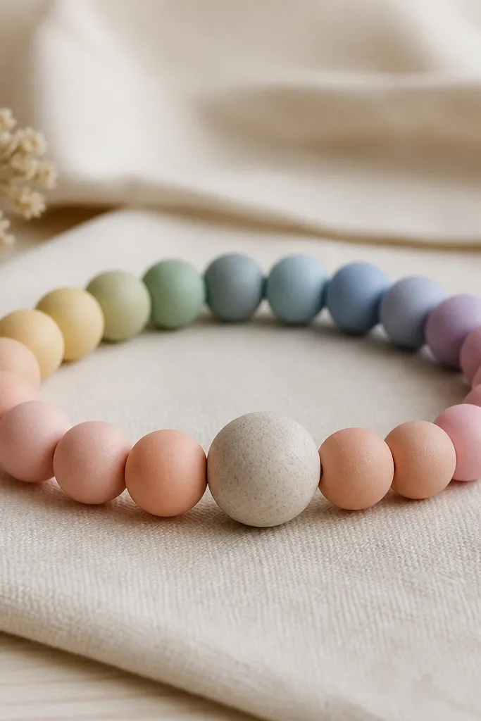 A bracelet with pastel rainbow clay beads spaced in order, but with a matte neutral anchor bead in the middle; the overall look is soft and cozy, not bright.