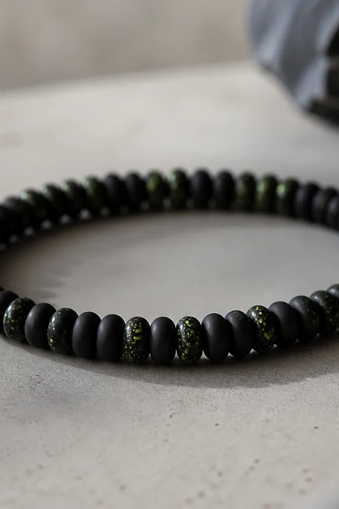 A mostly black matte clay bead bracelet with tiny neon green micro-speckle beads scattered throughout; the pattern looks like a night-sky effect.