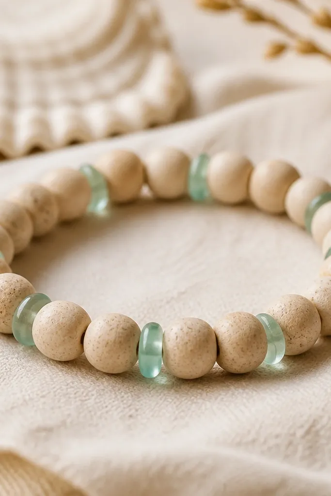 A bracelet with sand-colored clay beads and a few sea-glass colored rounded spacers that look smooth and glass-like; the bracelet has a beachy, cozy feel.