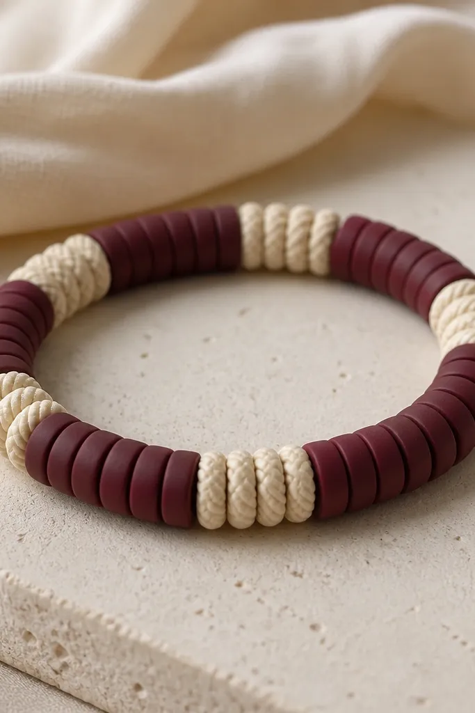 A burgundy matte clay bracelet with cream beads that have a rope-like ridged texture; the pattern repeats in alternating sections and looks handmade.