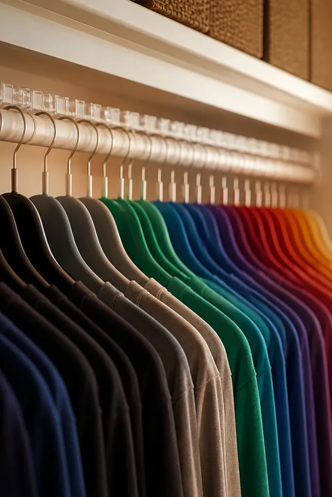 White closet wall with colored hangers aligned by shirt color
