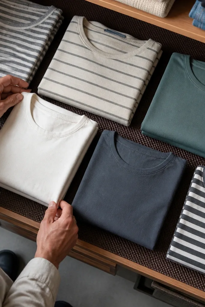 Closet shelf with textured liner and neatly folded shirts in a grid