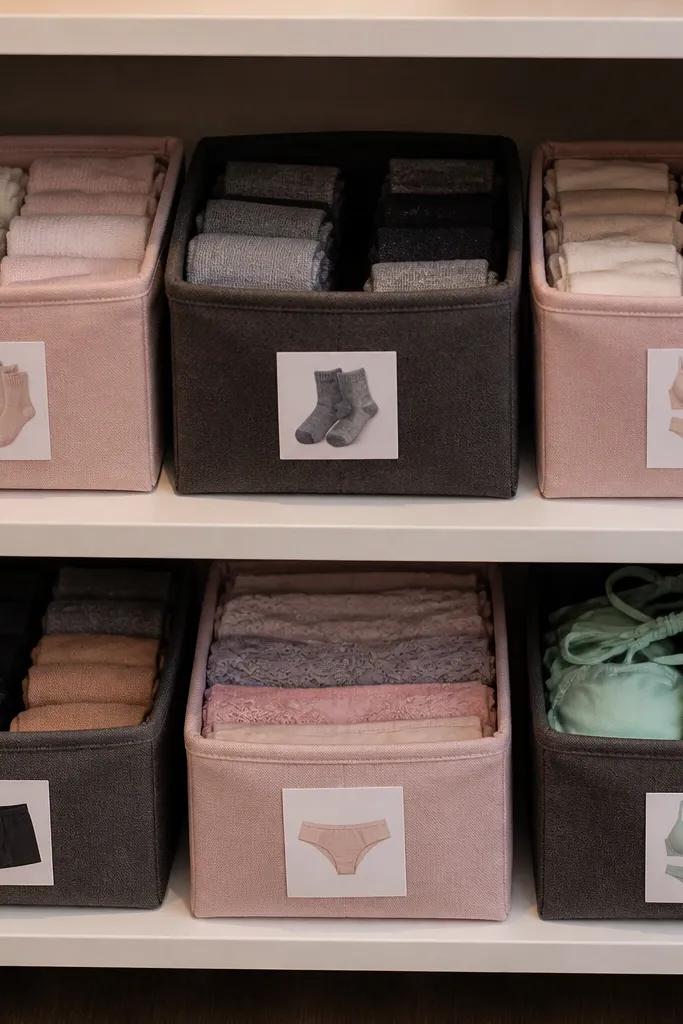 Three fabric bins on a closet shelf with color labels
