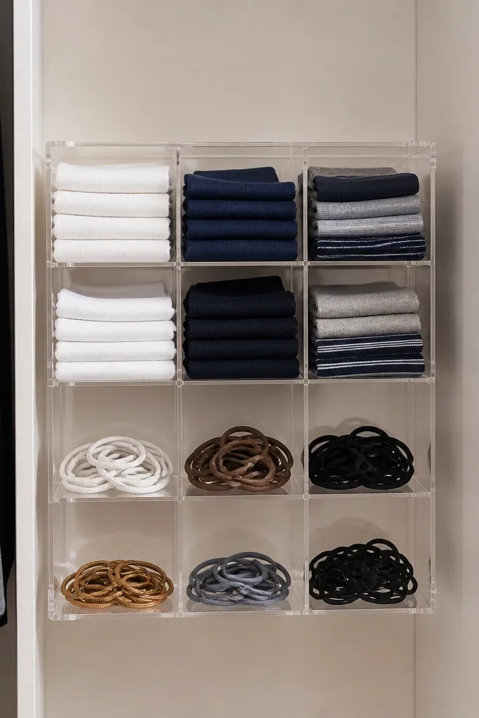 Clear-front organizer in closet with folded socks visible and tidy