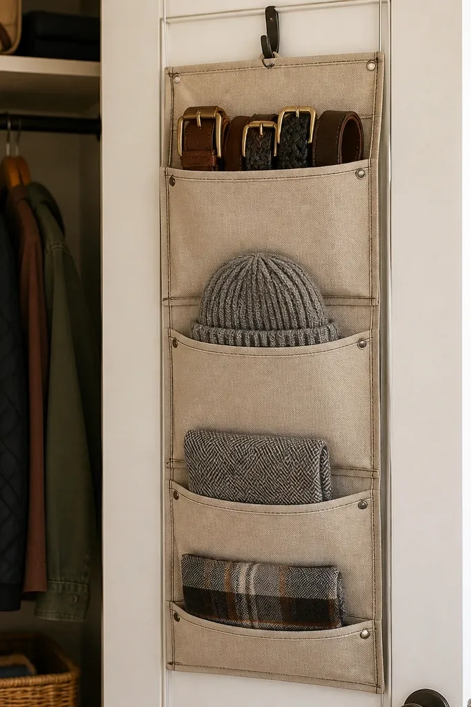 Hanging closet organizer with snap-in fabric pockets in a neat row