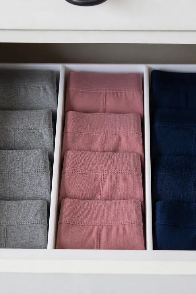 Closet drawer with white dividers creating neat underwear sections
