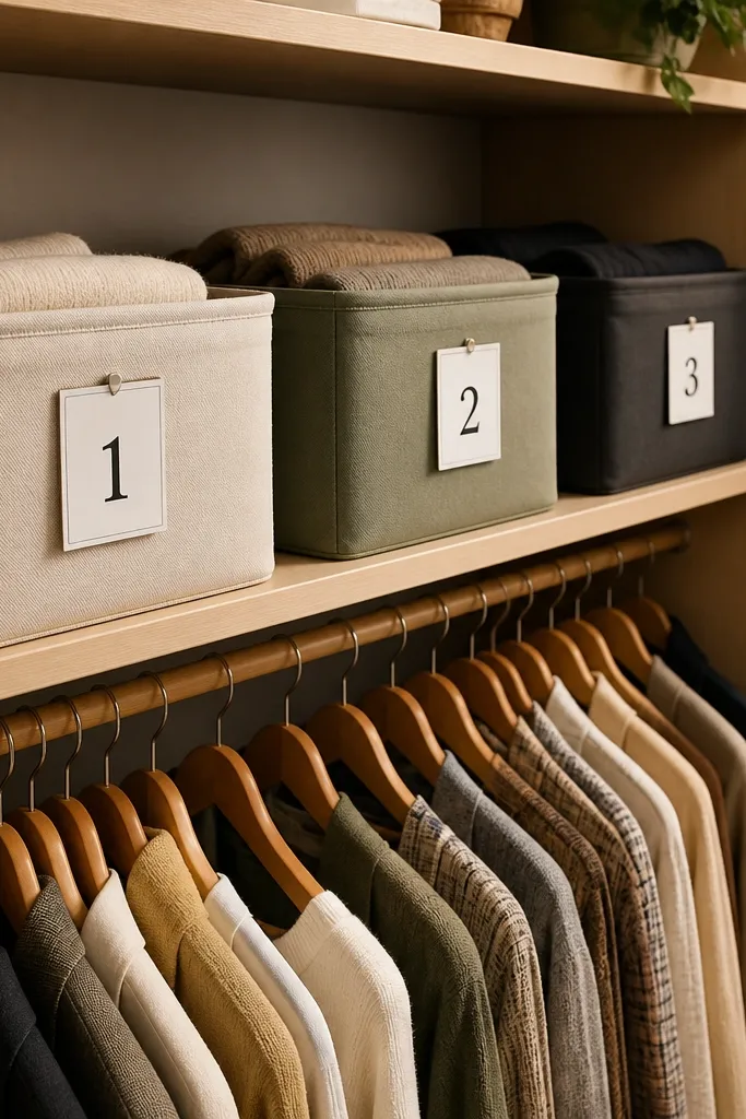 Stacked labeled bins on top shelf with numbers and seasonal tags