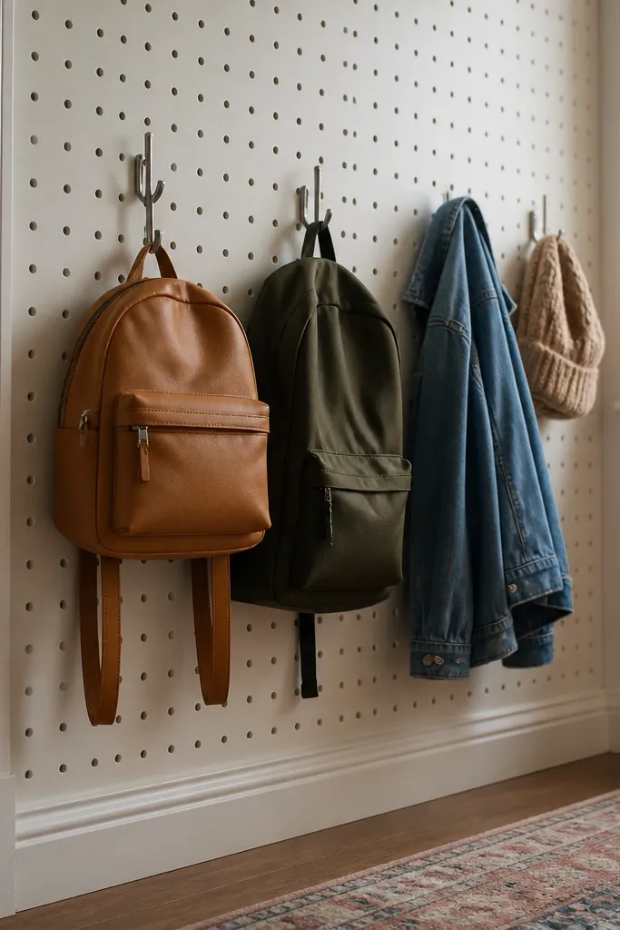 Small closet section with pegboard and evenly spaced hooks for backpacks