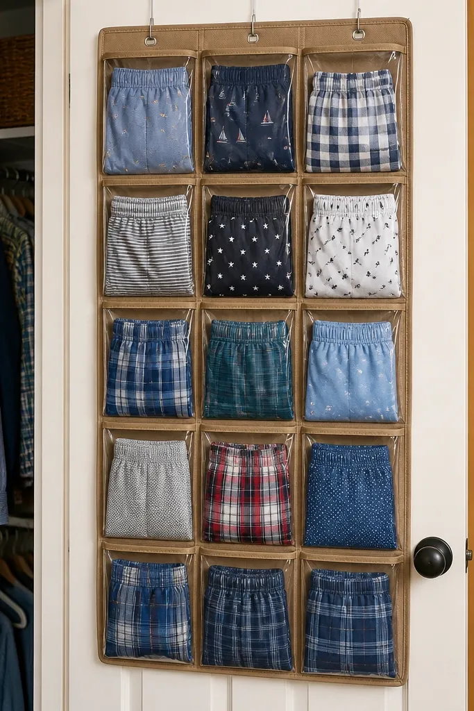 Closet door with organizer pockets holding neatly folded shorts