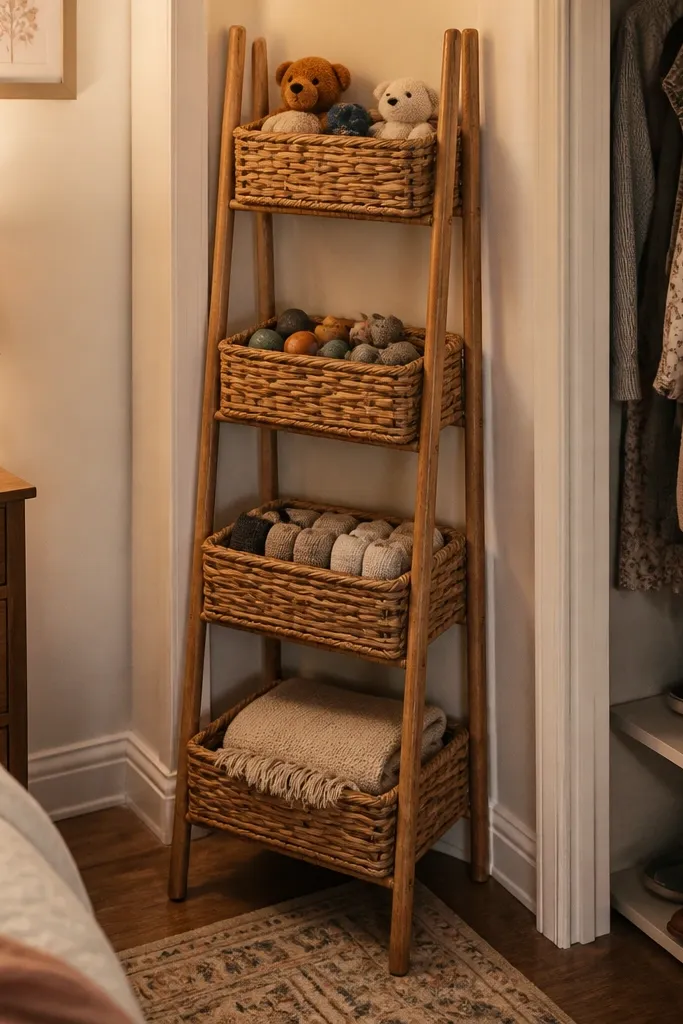 Small ladder shelf with woven baskets stacked by category