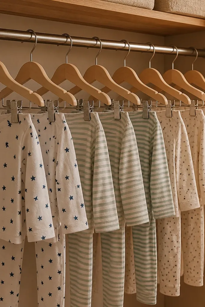 Closet rail with matching pajama hangers and a small night label sign