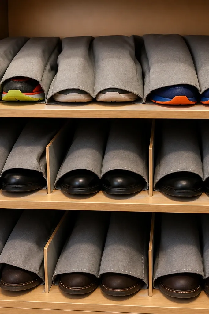 Closet shoe shelf with fabric covers and shoes paired neatly
