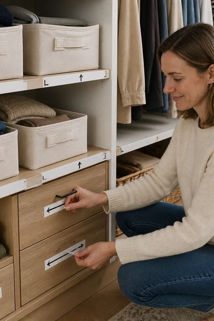 Close label strip with arrows pointing to bin locations in a closet